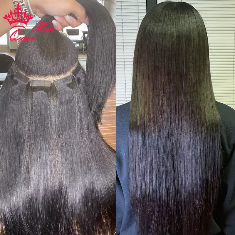 Queen Hair Official PU Tape In Hair Skin Weft Hand Tied PU Adhesives Raw Human Hair Extensions Invis