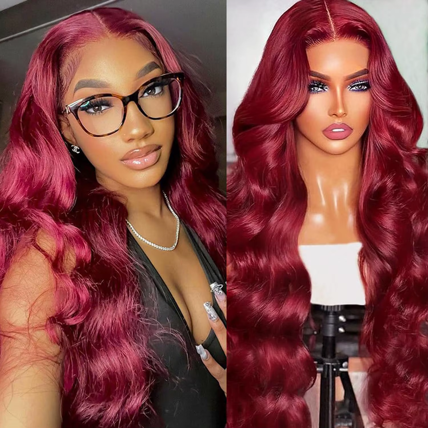 Perruque Lace Front Wig Body Wave Naturelle pour Femme, Cheveux Humains, Bordeaux 99J, 13x6 HD, Pre-