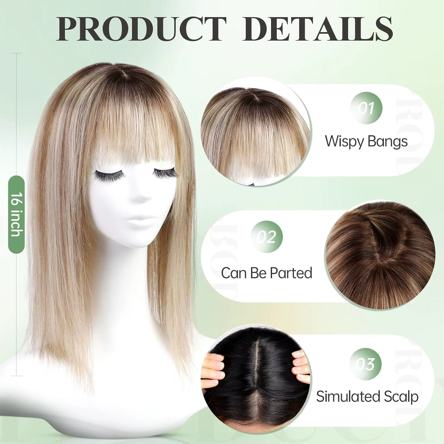 Pièces de cheveux à Base grande 9x9 pouces, reflets bruns, Toppers de cheveux humains de 16 pouces p