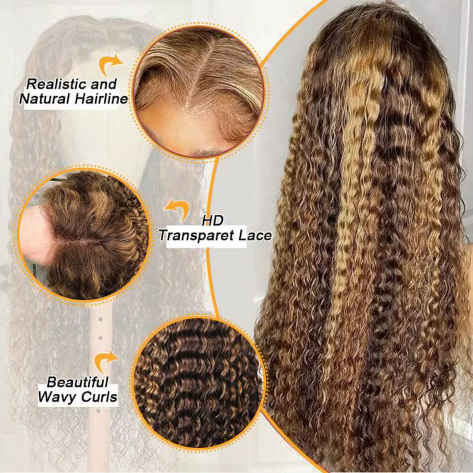 Perruques complètes en cheveux humains naturels P4/27, couleur miel, bouclées, avec dentelle frontal