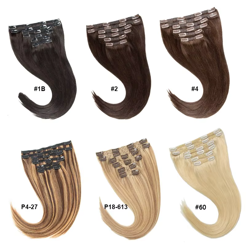 Extensions de Cheveux Humains à réinitialisation Brun Foncé, Grand Volume Sans Couture, Tête Complèt