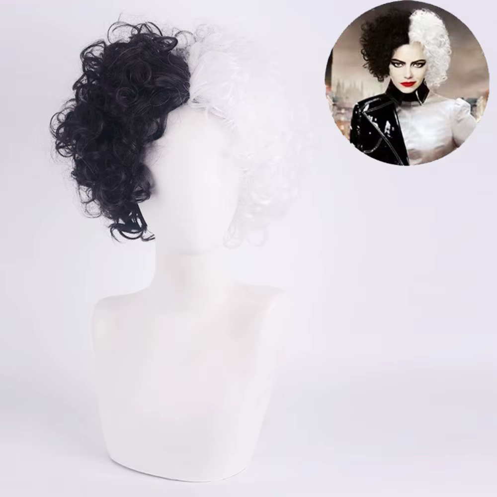 Perruques De Cosplay pour fête d'halloween CRUELLA Deville De Vil, noir et blanc avec frange, cheveu