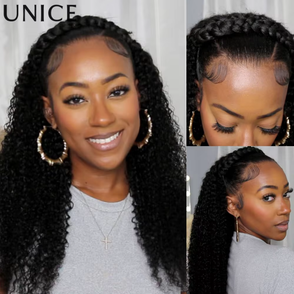 Perruque mi-tête UNICE à cordon de serrage, bouclée et crépue, avec bords 4C, ligne de cheveux natur