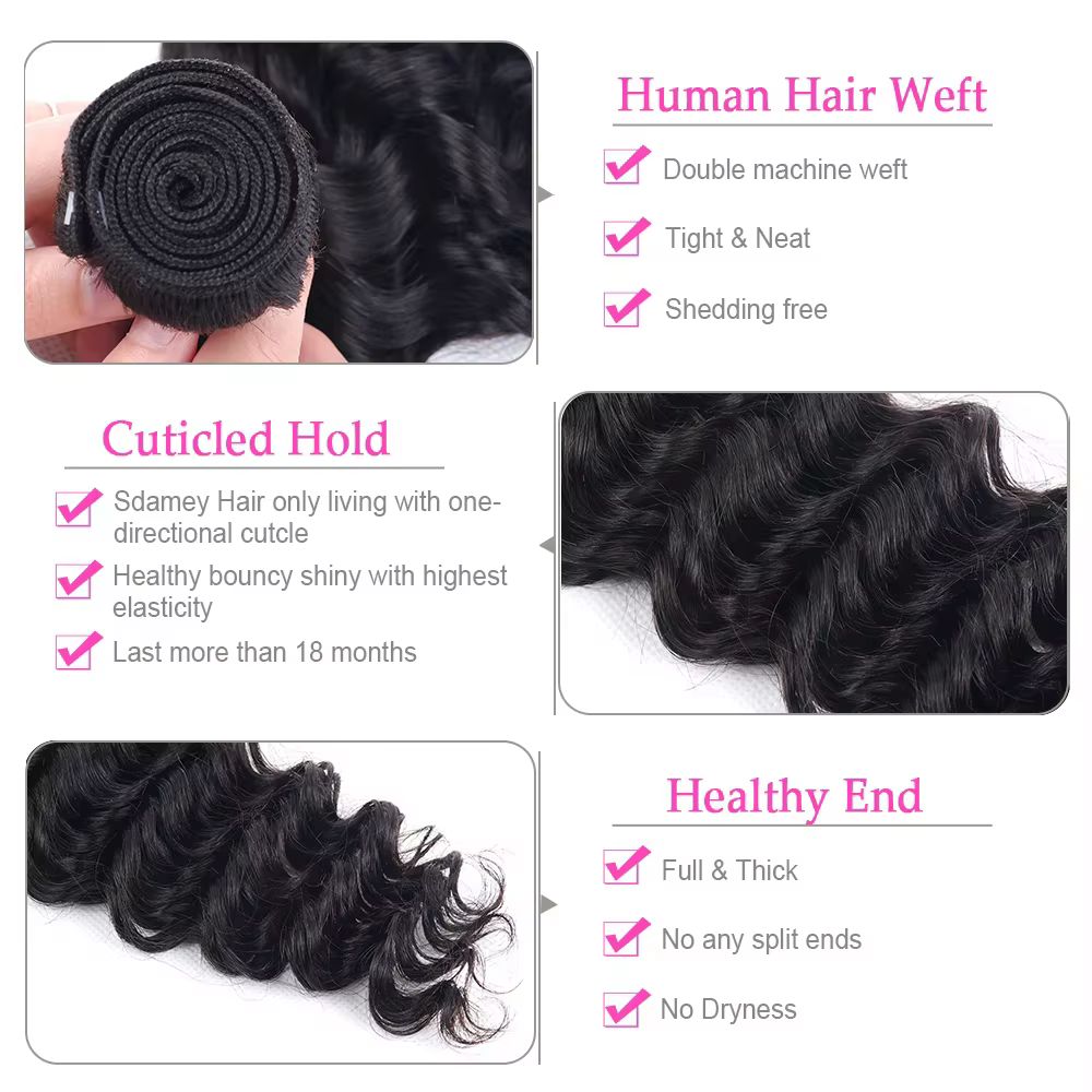 Extensions de cheveux brésiliens Remy, ondulés profonds, couleur naturelle, 38-40 pouces, non traité