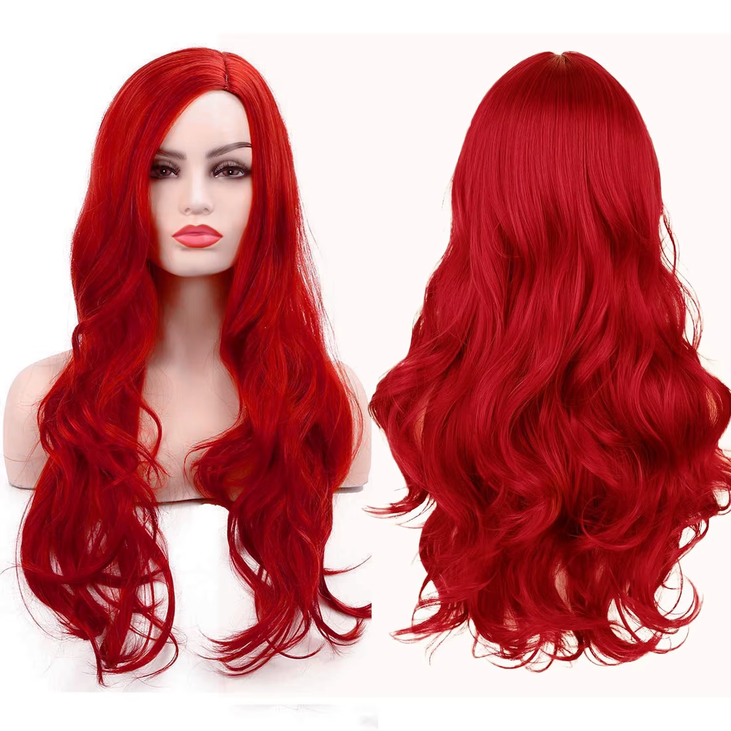 Perruque rouge avec frange ondulée synthétique rouge sirène bouclée perruque longue Cosplay Hallowee