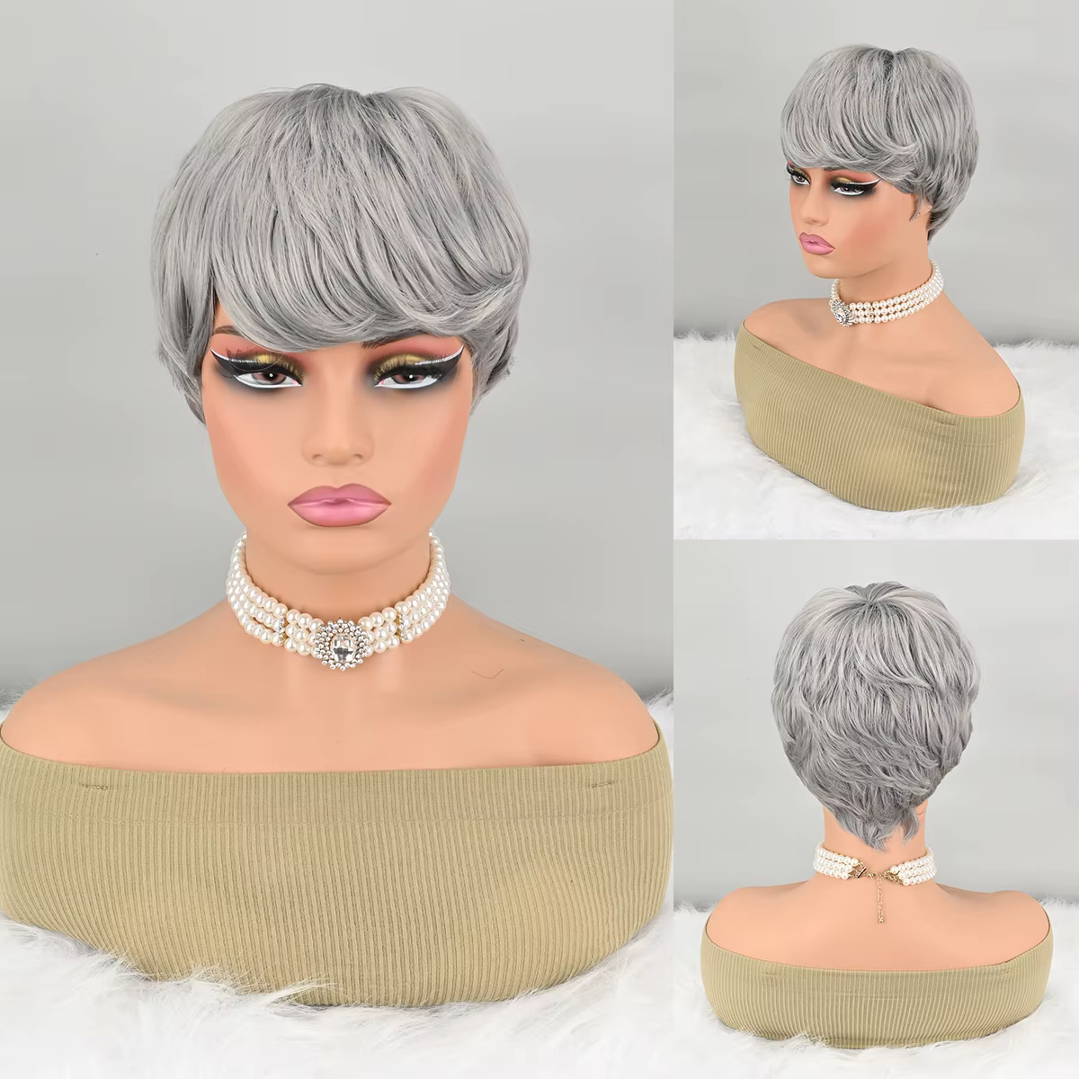 Perruque coupe pixie, perruque synthétique, courte et naturelle, noire, à ondulations superposées, d