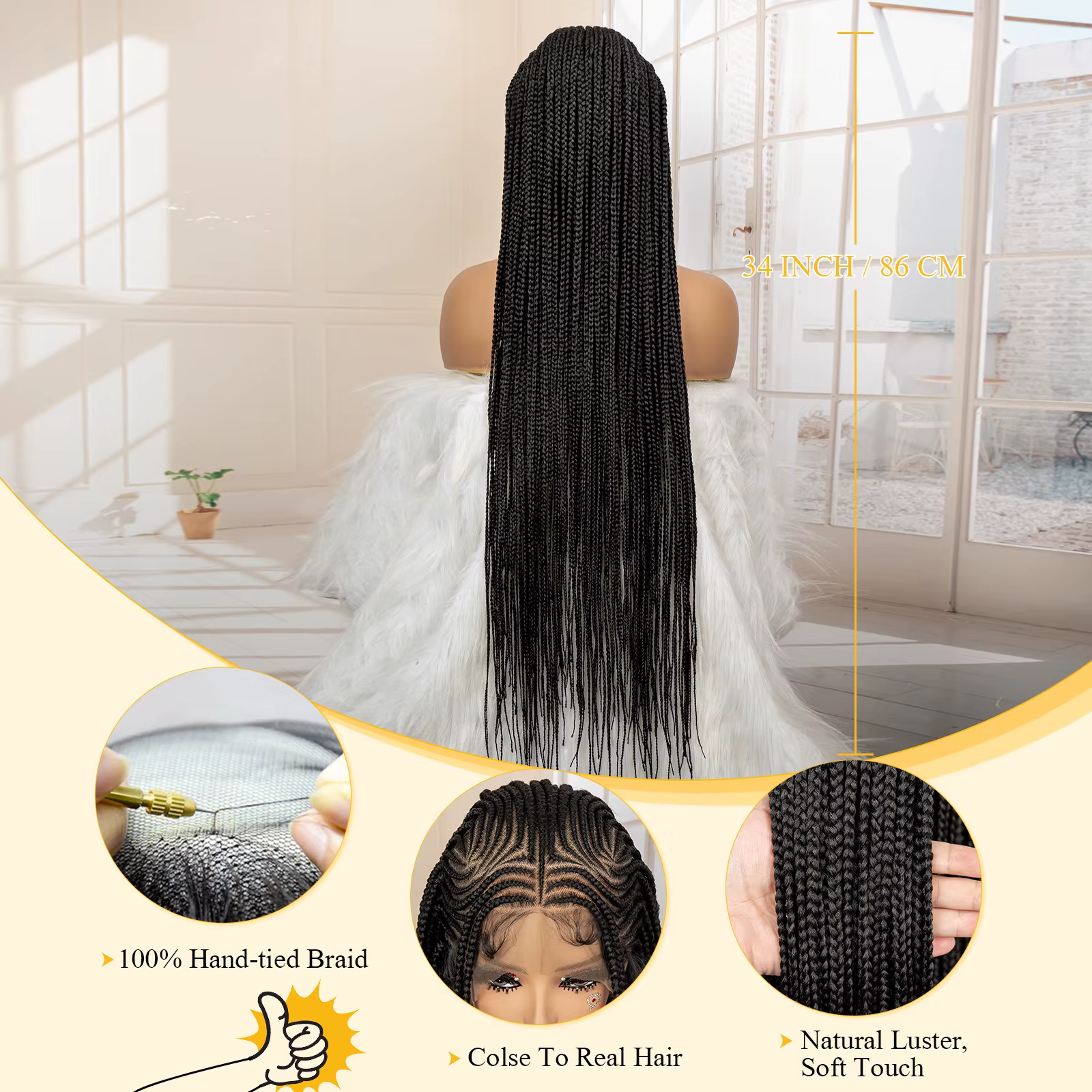 Perruques de cheveux tressés africains synthétiques pleine dentelle Cornrow sans noeuds boîte tressa
