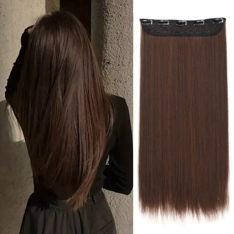 Extensions capillaires synthétiques longues et lisses de 24 pouces, postiche Invisible une pièce à 5