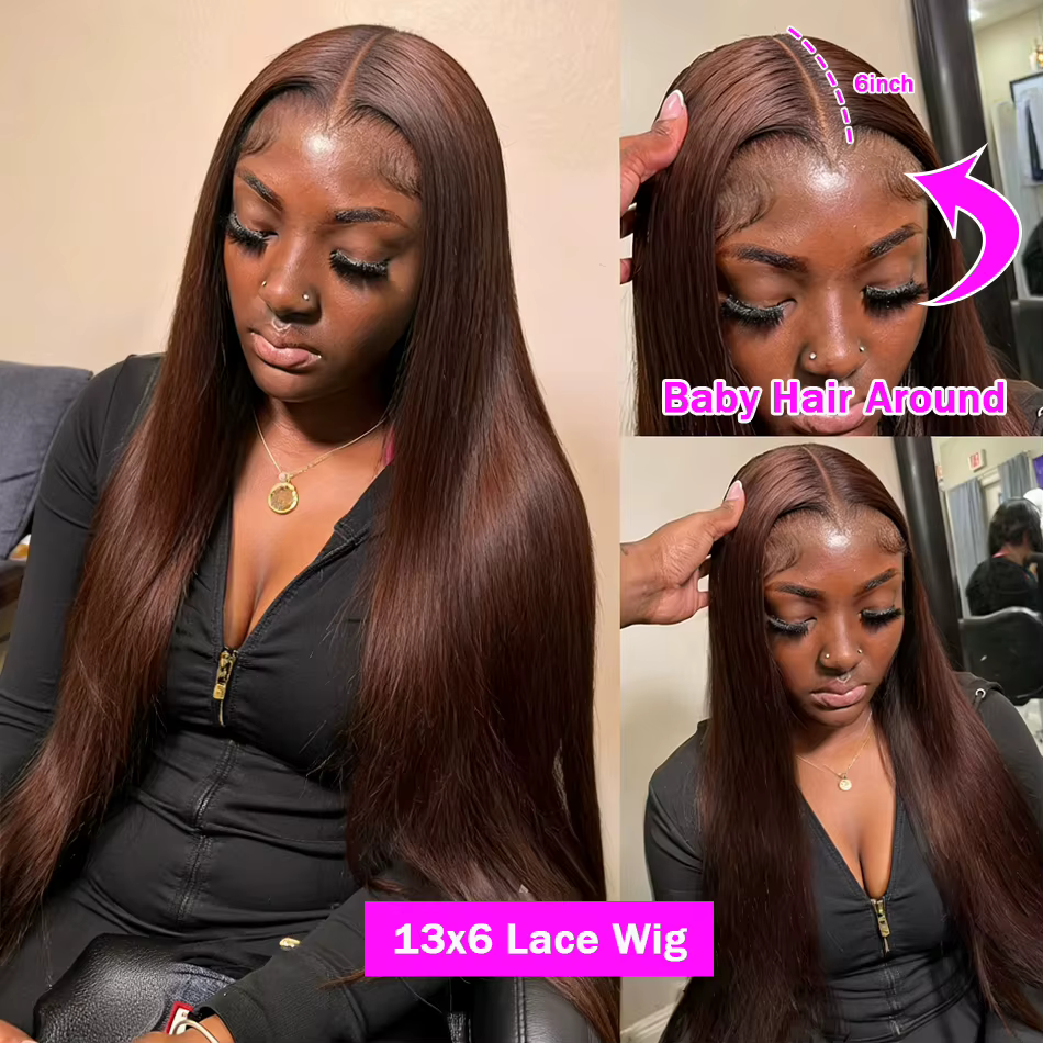 Perruque Lace Front HD Brun Chocolat 13x4 Lisse, Perruques Frontales Complètes 13x6 en Cheveux Humai