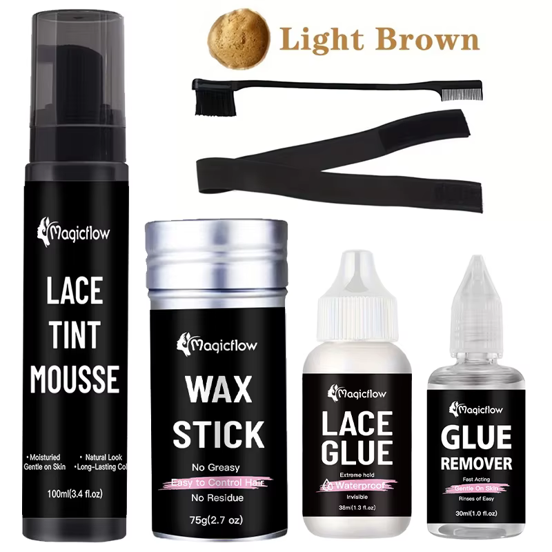Kit de coiffure d'installation de perruque 6 pièces: Mousse de teinte de dentelle, bâton de cire, co