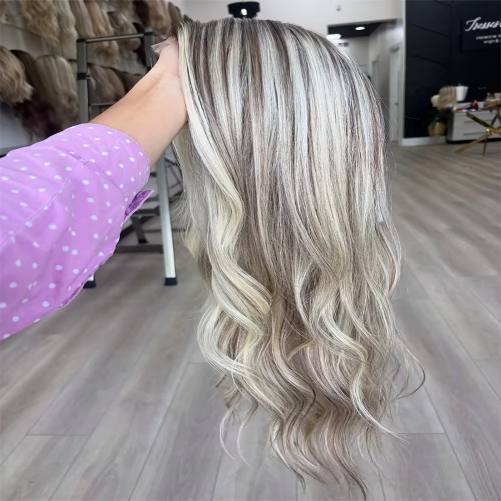100 vrais cheveux humains blond cendré perruque racines foncées vague de corps mettre en évidence pe