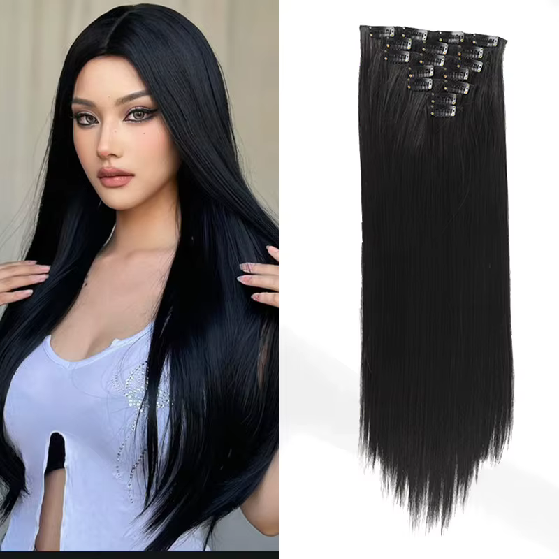 7 Clips dans les Extensions de cheveux longue coiffure droite rose 60CM cheveux synthétiques naturel