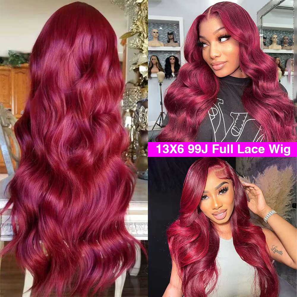Perruque Lace Frontal Wig naturelle brésilienne, cheveux humains, Body Wave, bordeaux, 13x6, Hd, den