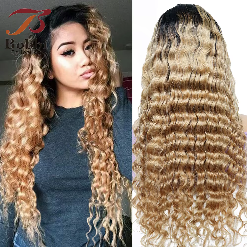 Perruque Lace Front 100% Cheveux Humains pour Femmes, Ondulations Profondes Souples, Ombré Blond Mie