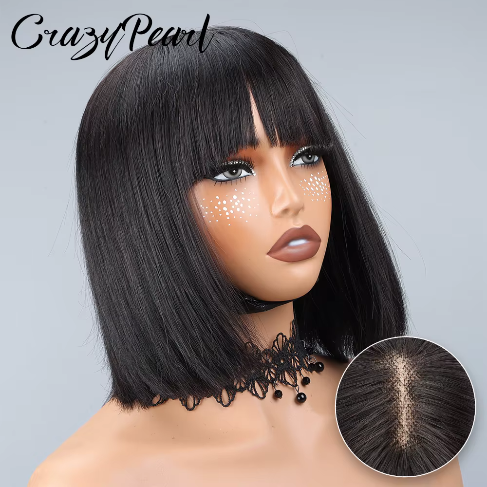 Perruque Lace Front CrazyPearl 1X13, perruque courte droite style bob, cheveux humains, pour femmes 