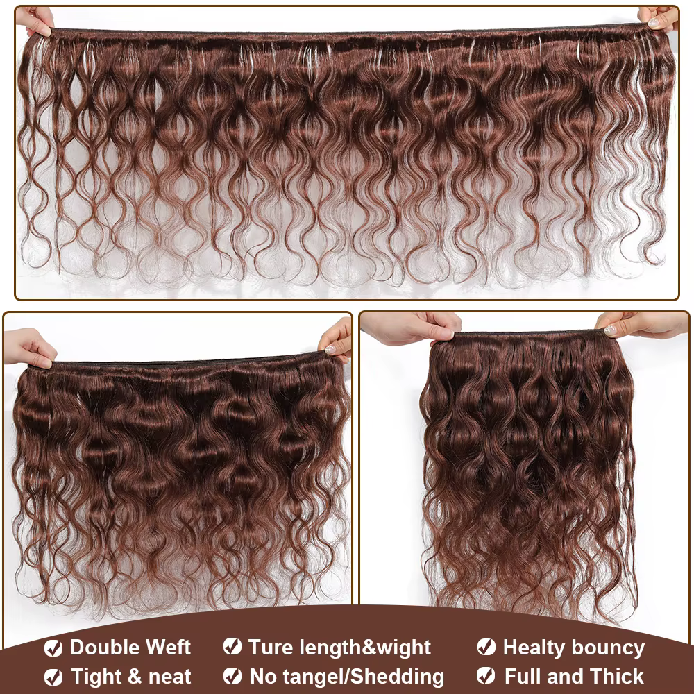 Extensions de Cheveux Humains Ondulés Bruns avec Closure 4x4/13x4, Cheveux Humains 100% Naturels, Ti