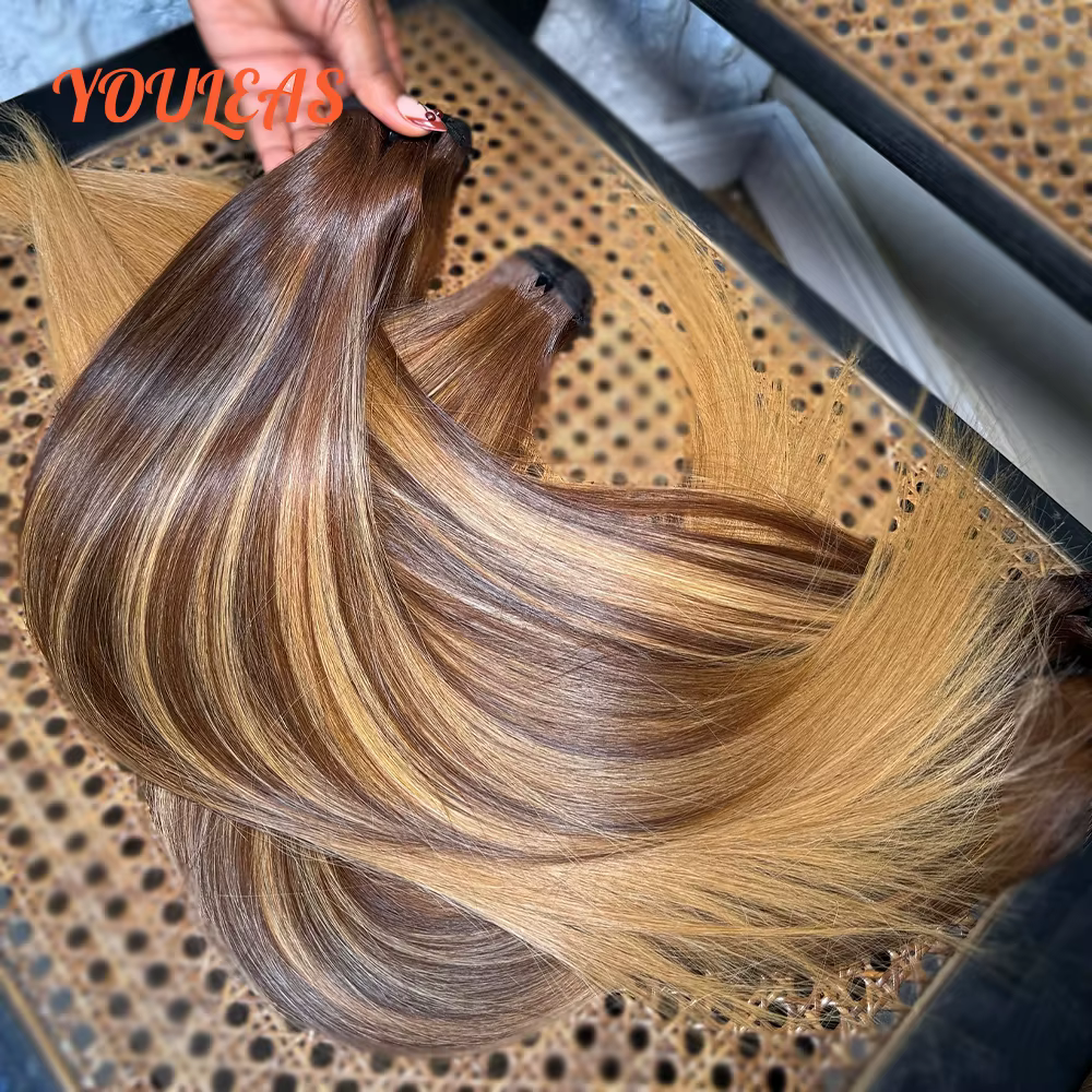 Extensions de cheveux humains lisses couleur blonde 4/27, 100% vierges non traitées, 3 paquets de ti