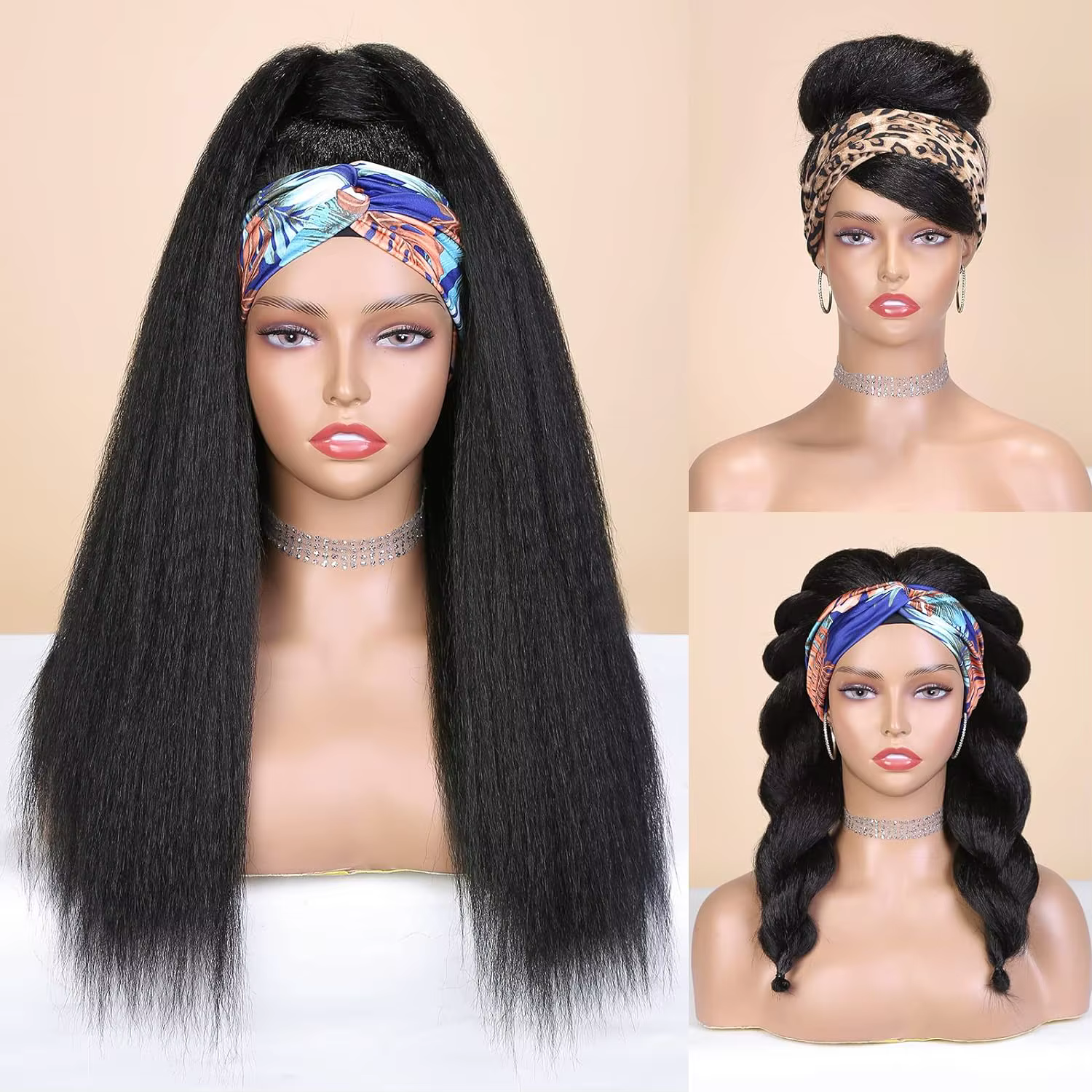 Perruque synthétique Yaki lisse et crépue pour femmes, perruque avec bandeau noir, facile à coiffer,