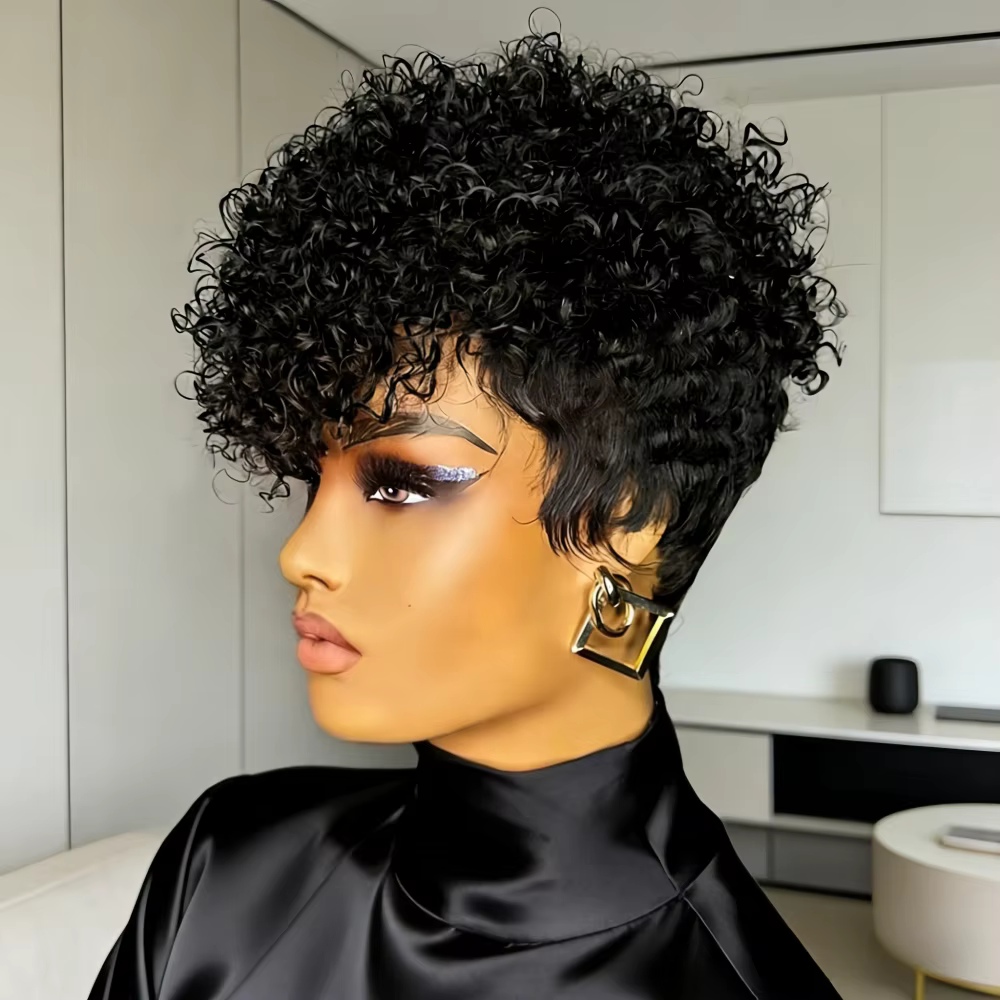 Perruque courte de cheveux humains |   Perruque coupe lutin de cheveux humains bouclés avec frange, 
