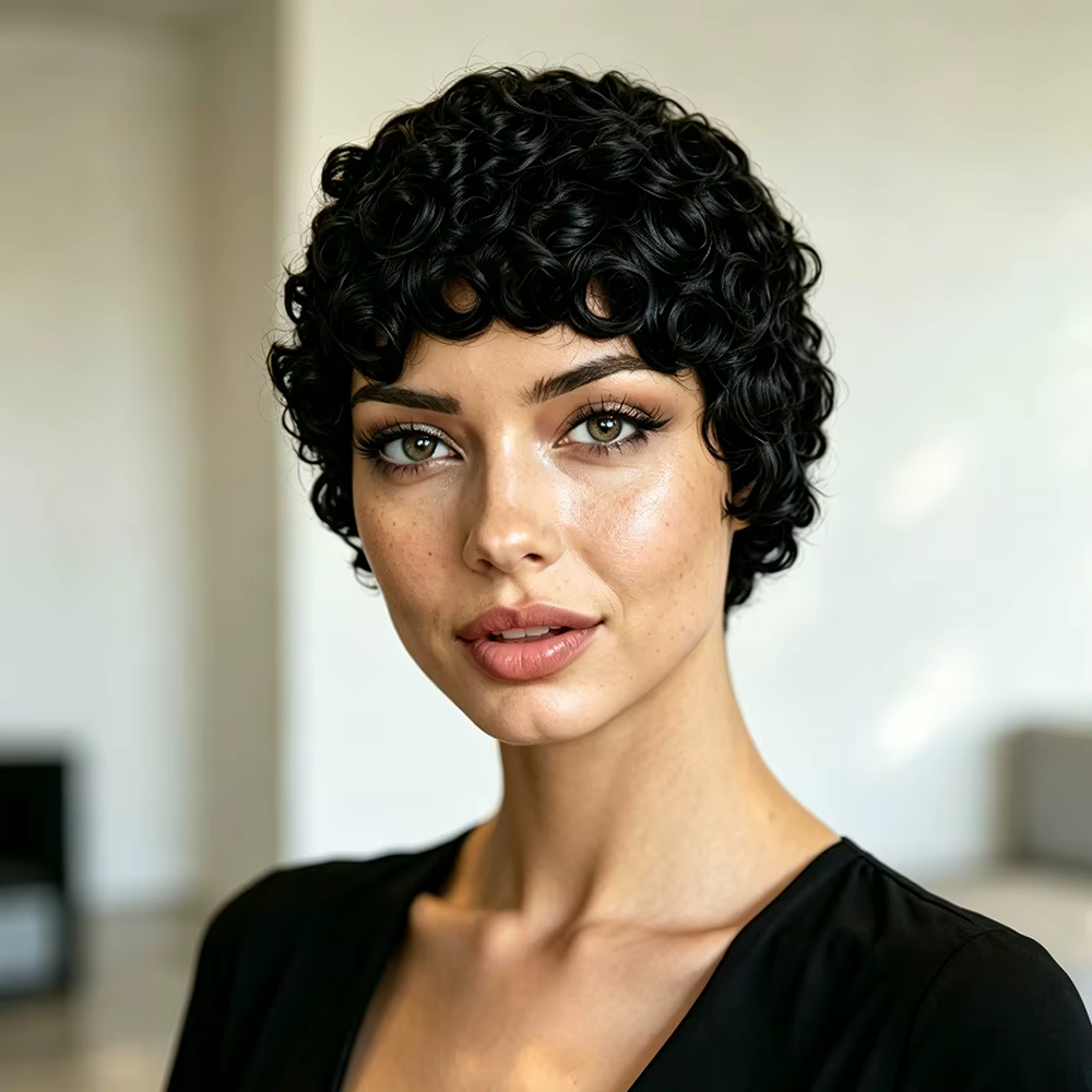 Perruque courte afro bouclée en cheveux humains pour femmes, coupe pixie bouclée de 4 pouces avec fr