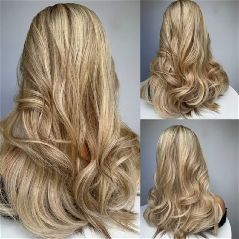 Perruque synthétique 13x4 Ombré Blond Doré Clair avec dentelle HD invisible, longue et ondulée, douc