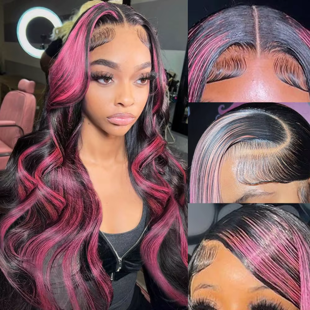 Perruque Lace Front 13x4 Ombrée Rose et Noire en Cheveux Humains, avec Mèches Rayées Rose, Perruque