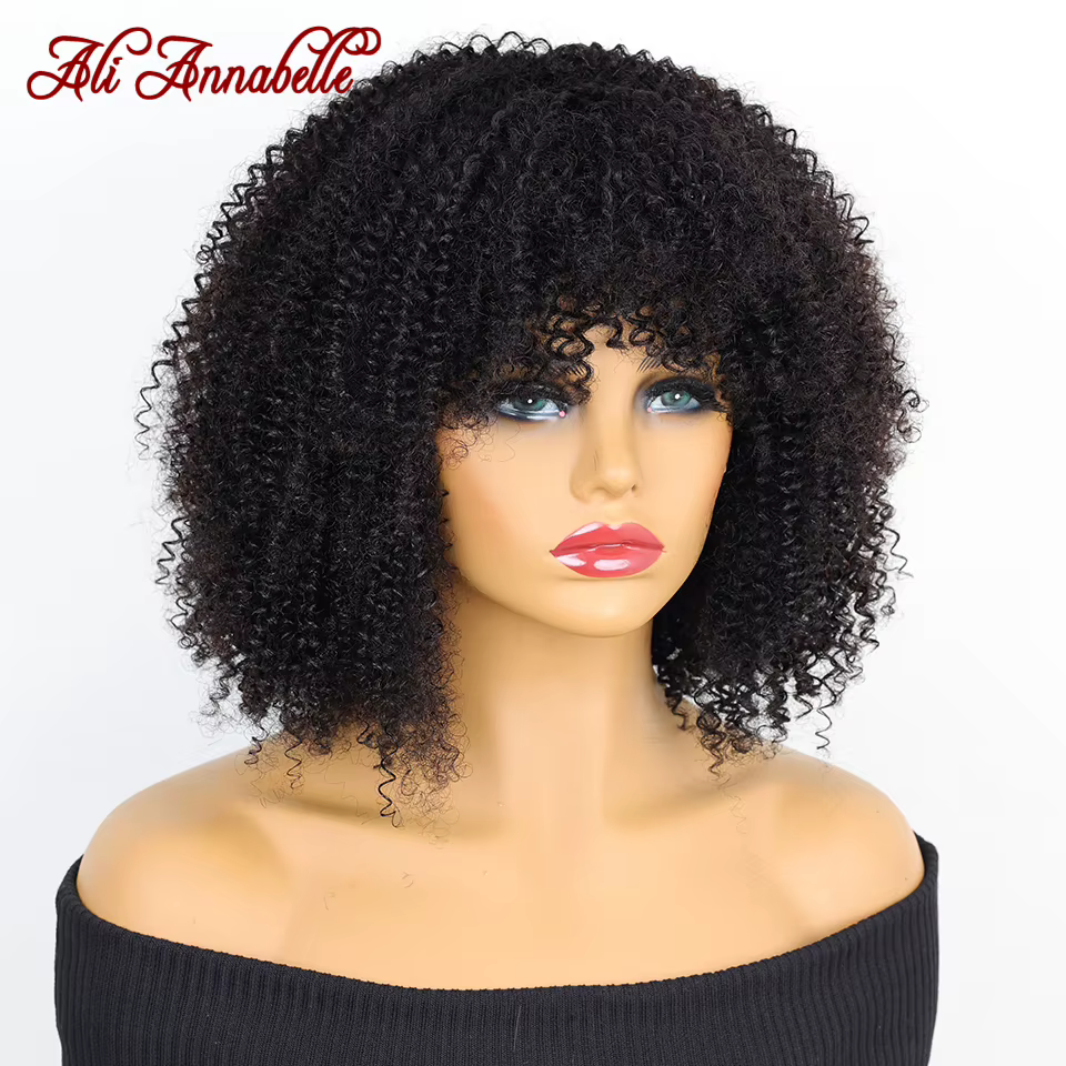 ALI ANNABELLE cheveux bouclés perruques avec frange pour les femmes noires fait à la Machine perruqu