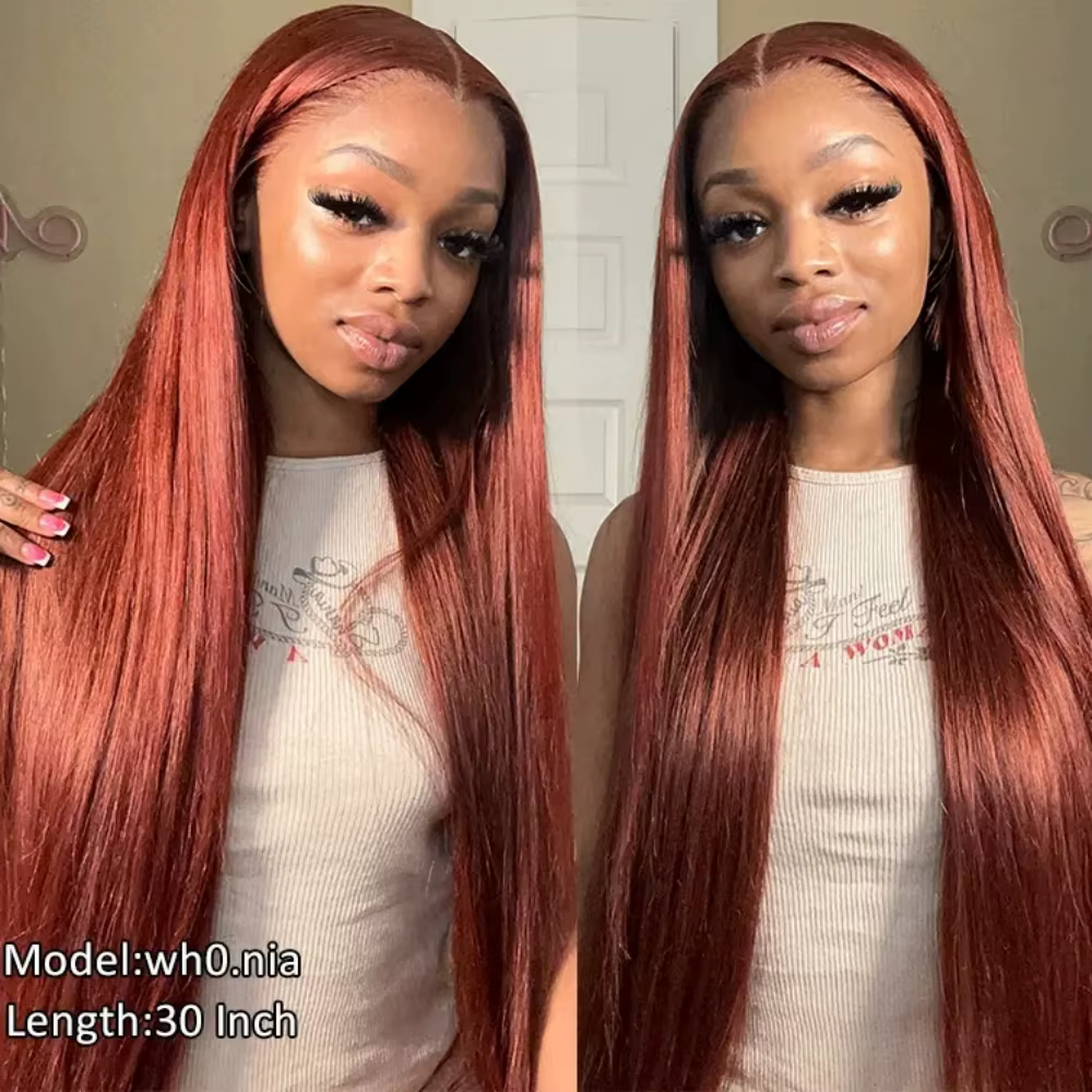 Perruque Lace Frontal Wig brésilienne naturelle, cheveux lisses, brun rougeâtre, 13x6 Hd, pre-plucke
