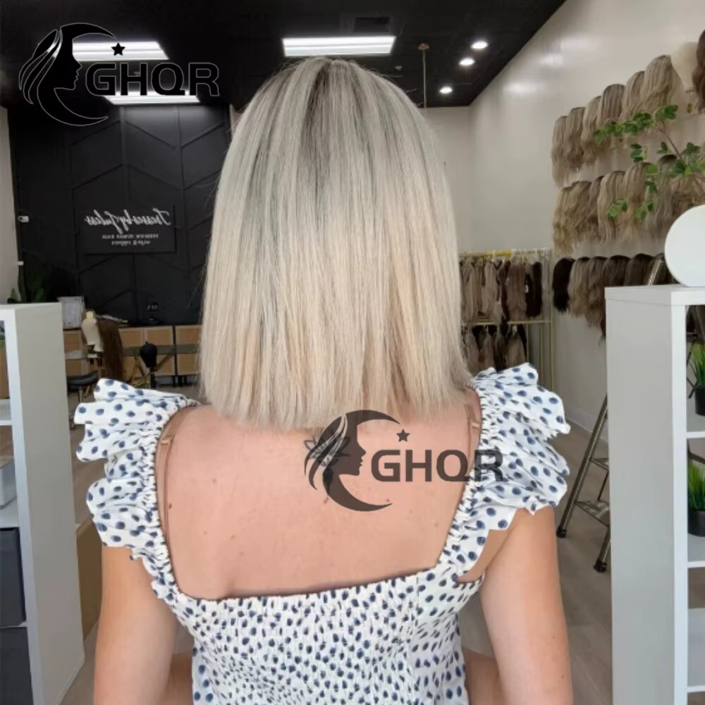 Perruques de cheveux humains Bob blond platine racines foncées dentelle transparente avant couleur d