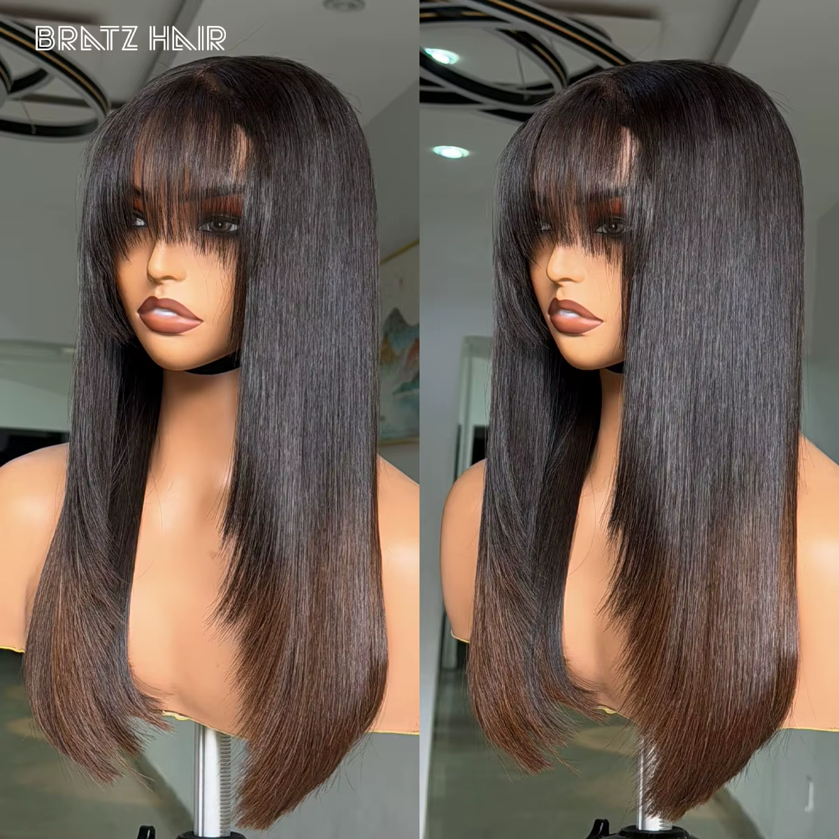 Perruque Bob Super Double Drawn avec fermeture en dentelle 4x4, franges superposées, cheveux humains