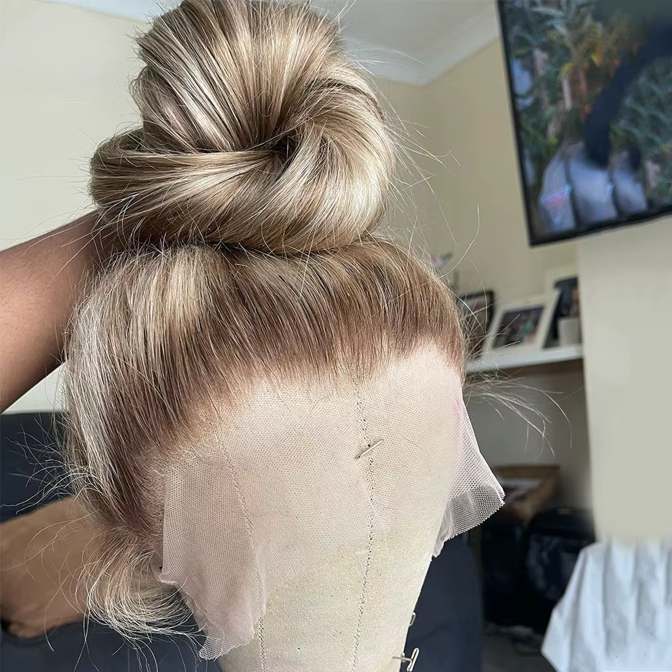 Perruque Lace Front HD 13x4 pour Femme, Ombré Blond Platine avec Racines Foncées, Lisse, Cheveux Hum