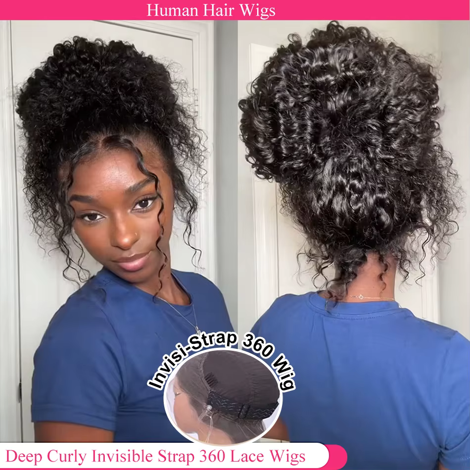 Perruque Lace Front Wig naturelle sans colle, cheveux humains, Deep Curly, densité 250, prédécoupée,