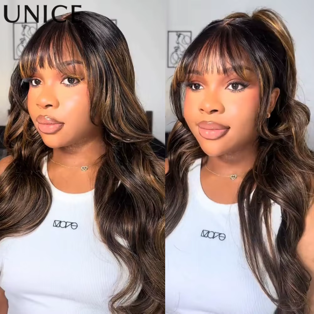 UNice cheveux Balayage met en évidence moelleux vague lâche rideau frange perruque avec cordon sans