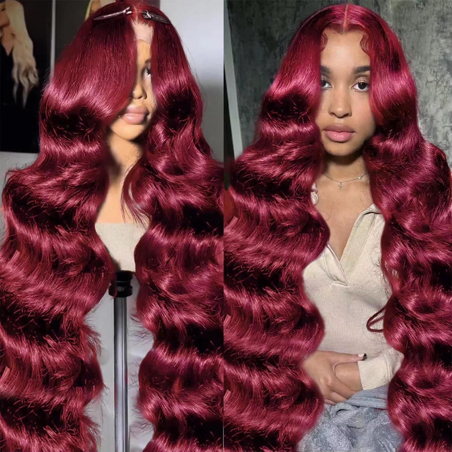 99j bordeaux 46 pouces vague de corps perruque de cheveux humains 13x6 HD dentelle frontale 200 dens