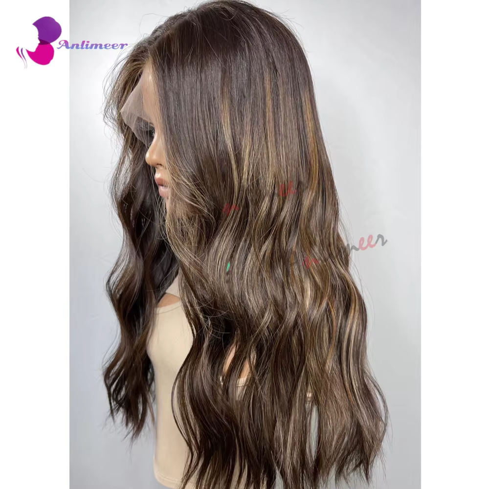 Perruques Lace Front Body Wave Marron avec Mèches, Base en Soie / Perruque Full Lace Densité 200 pou