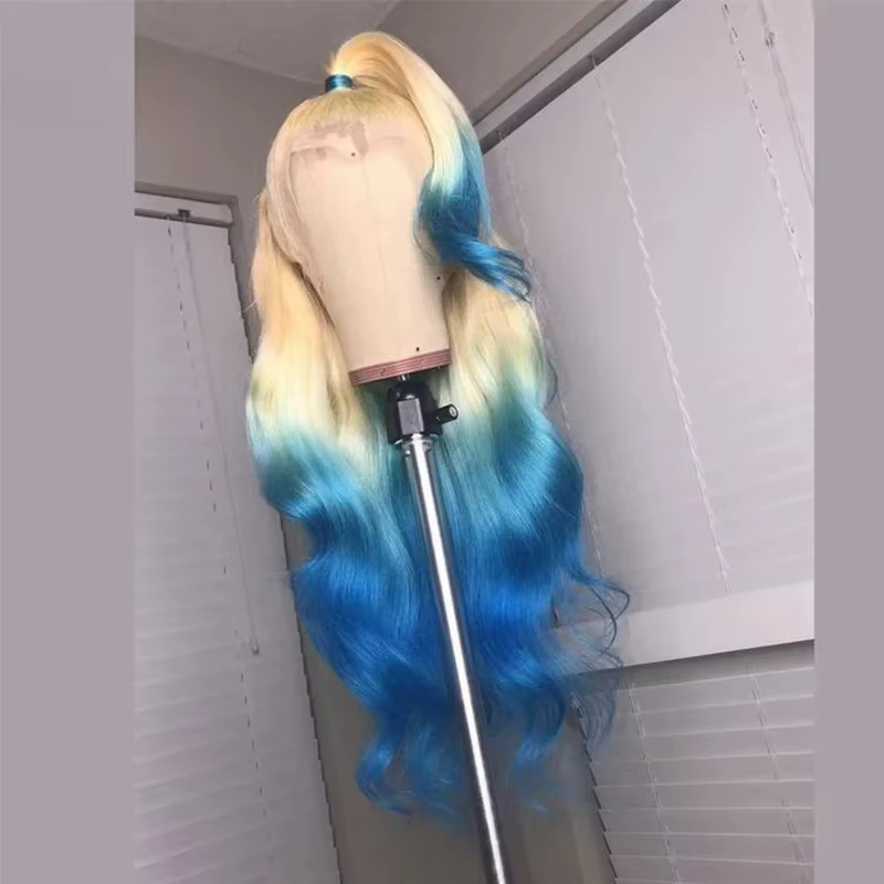 Perruque Lace Frontal Wig synthétique Body Wave à reflets bleus, blond ombré, 13x4 HD, haute qualité