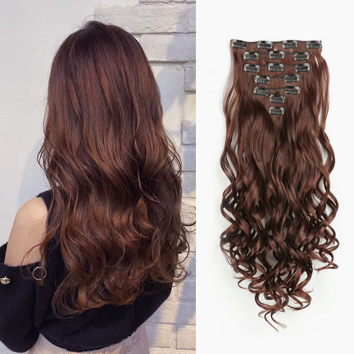 Extensions capillaires synthétiques à clips, 7 pièces, tête complète de 22 pouces, longues, bouclées