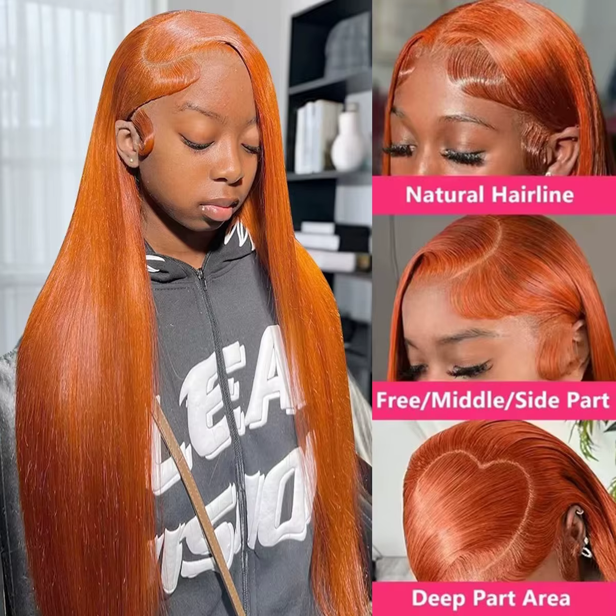 Perruques Lace Front 13x4 en Cheveux Humains Lisses Couleur Gingembre Orange, 30 Pouces, avec Fronta