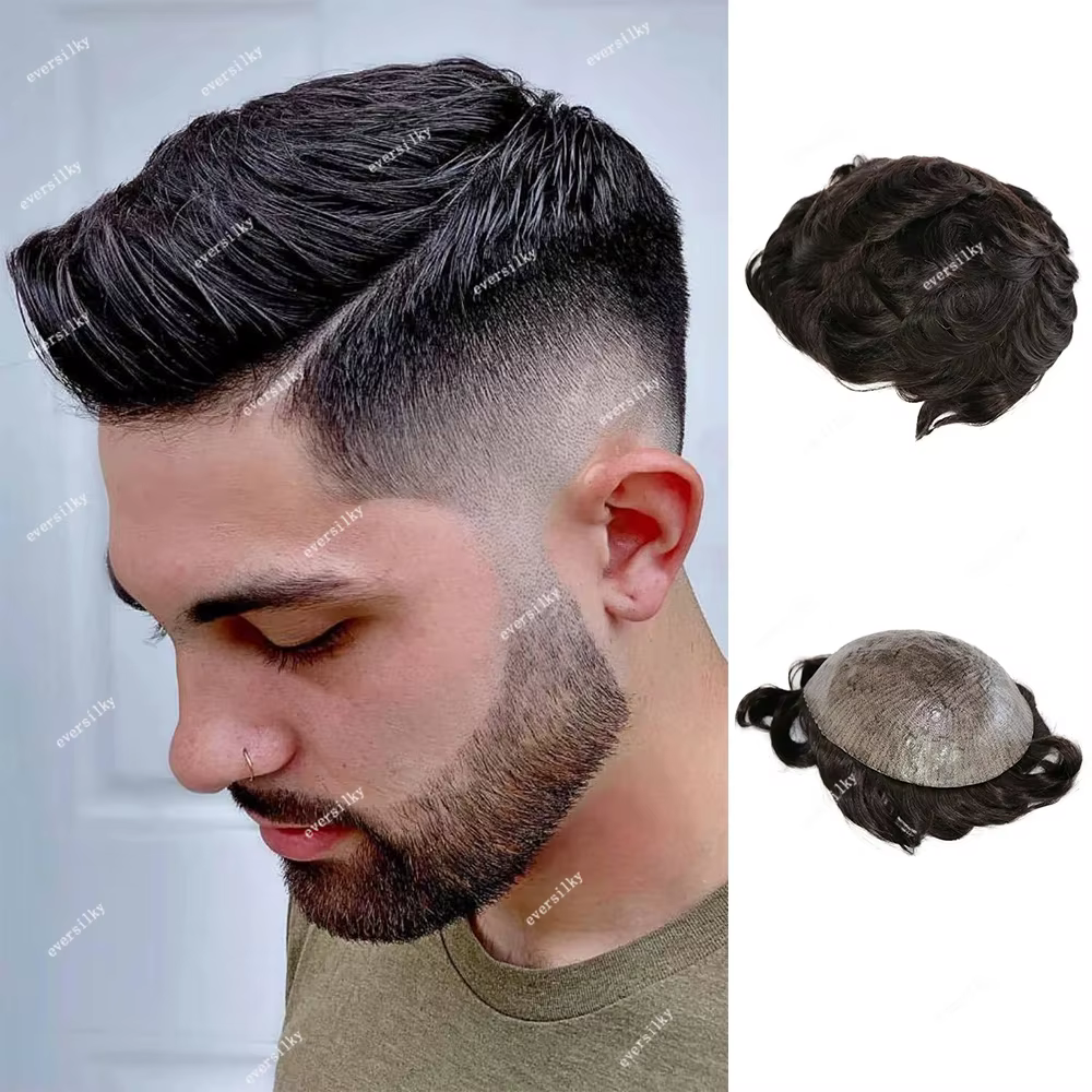 Perruque toupet de cheveux humains pour hommes, ligne de cheveux naturelle, marron, blond, noir, mic