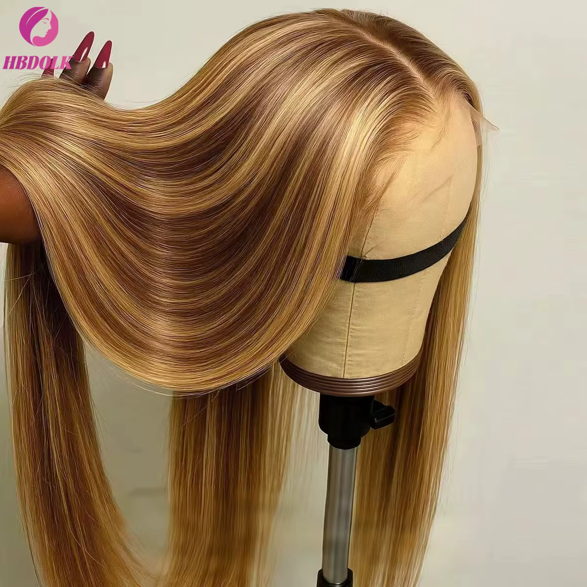 Perruque Lace Front Wig naturelle lisse, cheveux humains, blond miel ombré 4/27, reflets 5x5 13x4, p