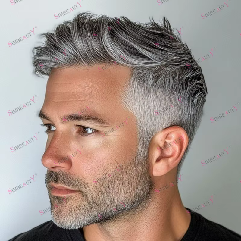 Prothèse capillaire naturelle en cheveux humains gris 1B80 pour homme, perruque de remplacement, pos