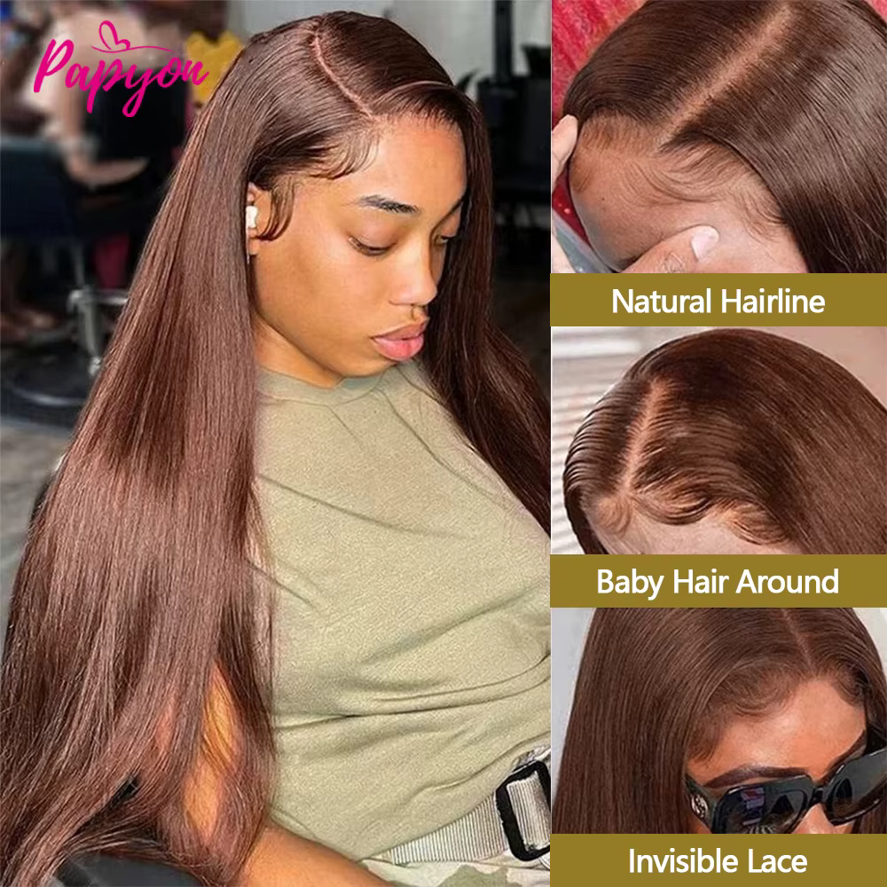 #4 Chocolate Brown Perruques Cheveux Humains Lisse 28 30 Pouces 13x6 HD Perruque Lace Frontal Transp