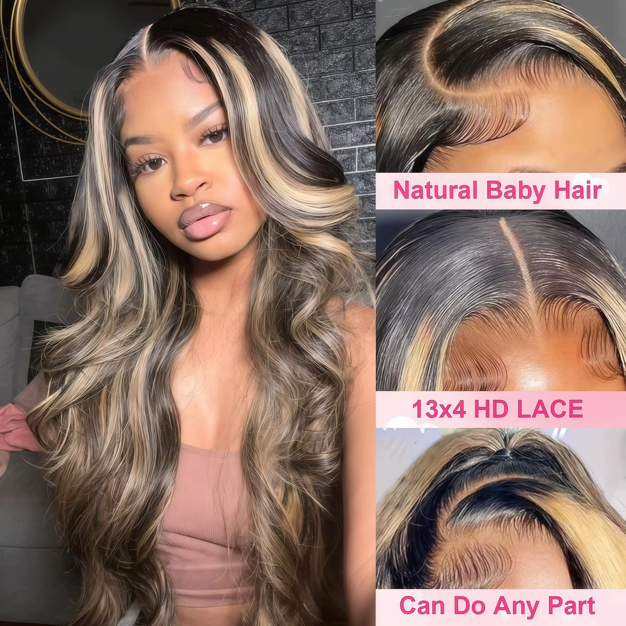 Perruque Body Wave Roxane P1B/27 en cheveux humains, 26-30 pouces, avec dentelle frontale HD 13x4, o