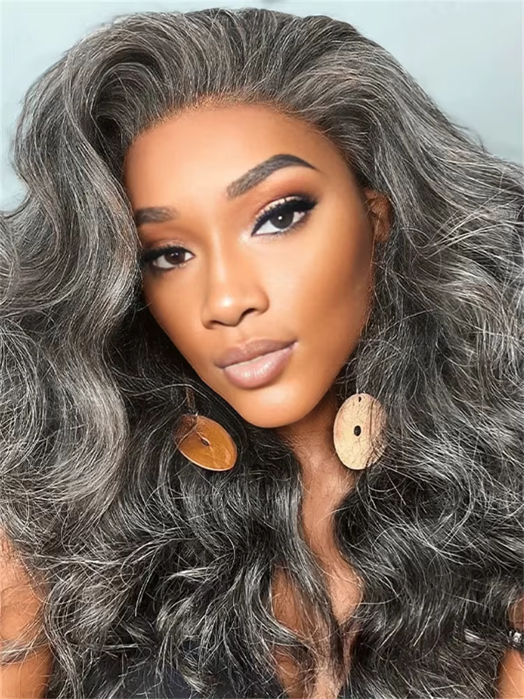 Perruque Lace Wig sans colle naturelle-NADINE, cheveux humains, Body Wave, 13x4, couleur grise, pre-