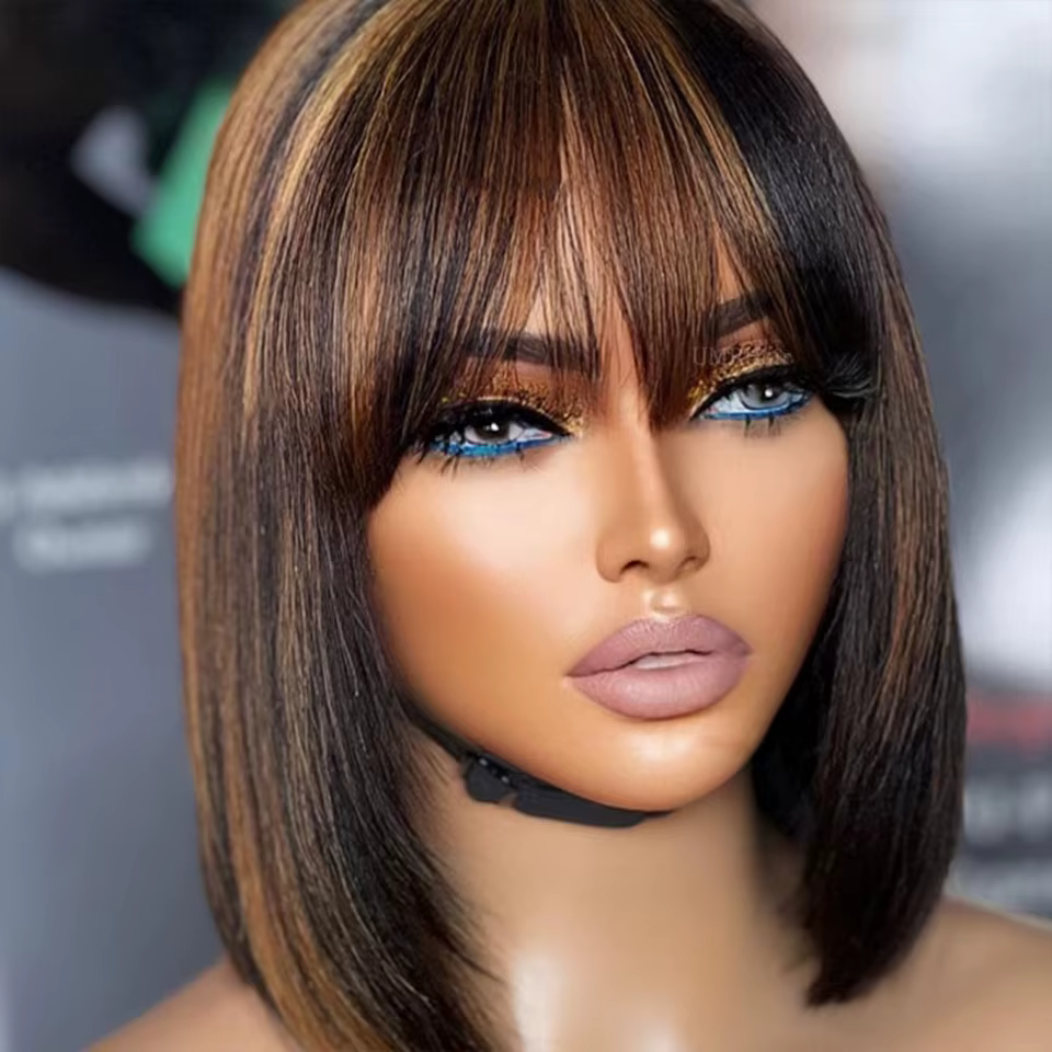 Perruque Bob Lace Wig naturelle brésilienne sans colle, cheveux courts à reflets blonds, 3x1, prêt à