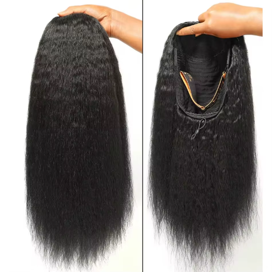 Demi-perruque 3 en 1 en cheveux humains avec cordon de serrage, texture crépue droite, prête à l'emp