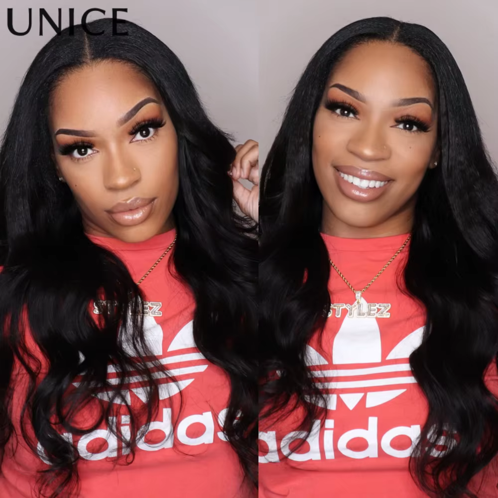 UNice cheveux 180% densité vague de corps V partie perruque avec cordon 100% cheveux humains véritab