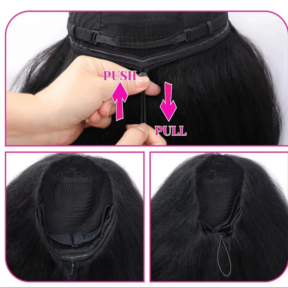Perruque mi-tête noire 1B, cheveux humains raides crépus, avec sangle invisible, perruque brésilienn