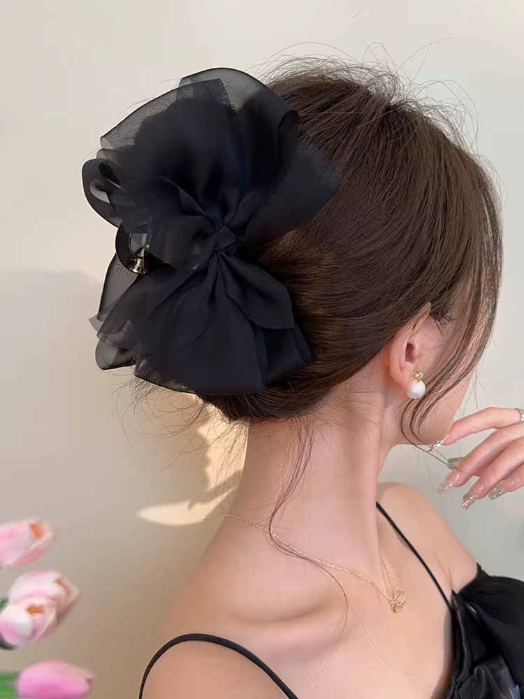 Pince à cheveux grande taille en maille avec nœud, pince requin pour femme, pince à cheveux latérale