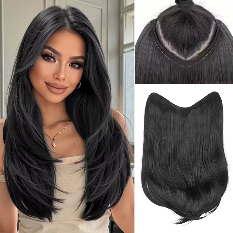 Extensions capillaires synthétiques longues et lisses en forme de V, postiche noire et brune à 4 Cli